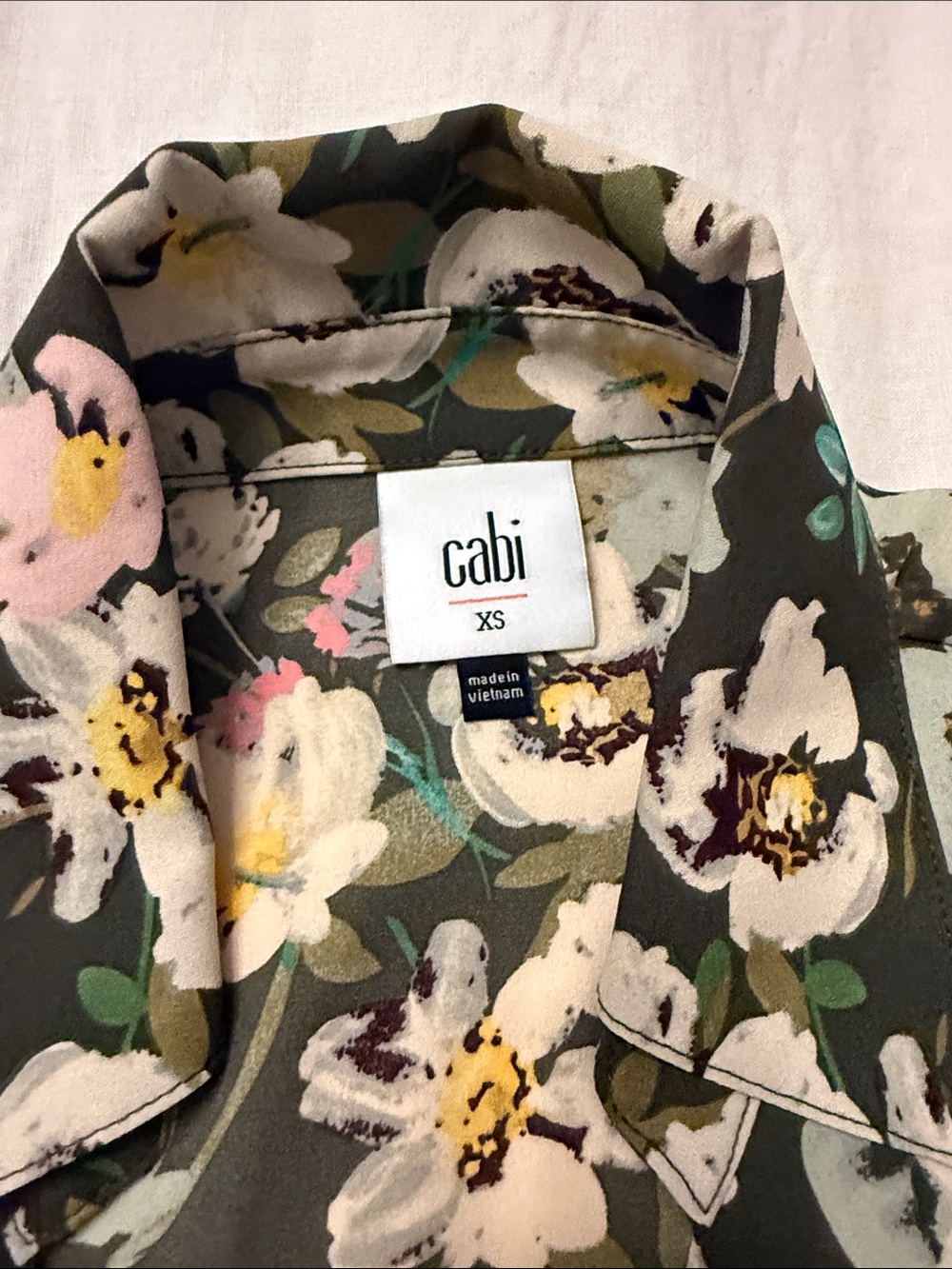 CAbi Olive Floral Button-Down Shirt with Cream & Pink Blooms